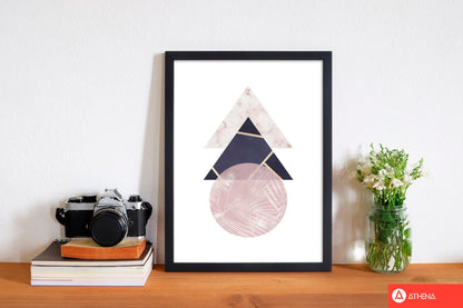 Pink and navy marble abstract triangles and circle modern fine art print