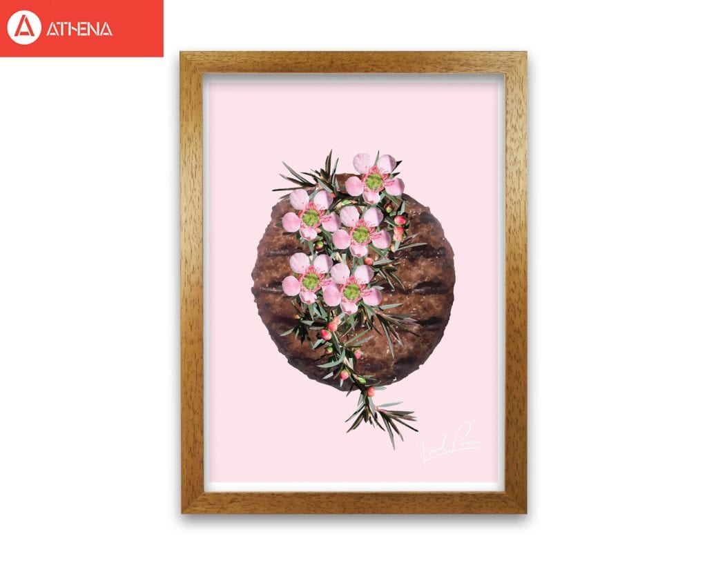 Pink burger floral food porn modern fine art print, framed kitchen wall art