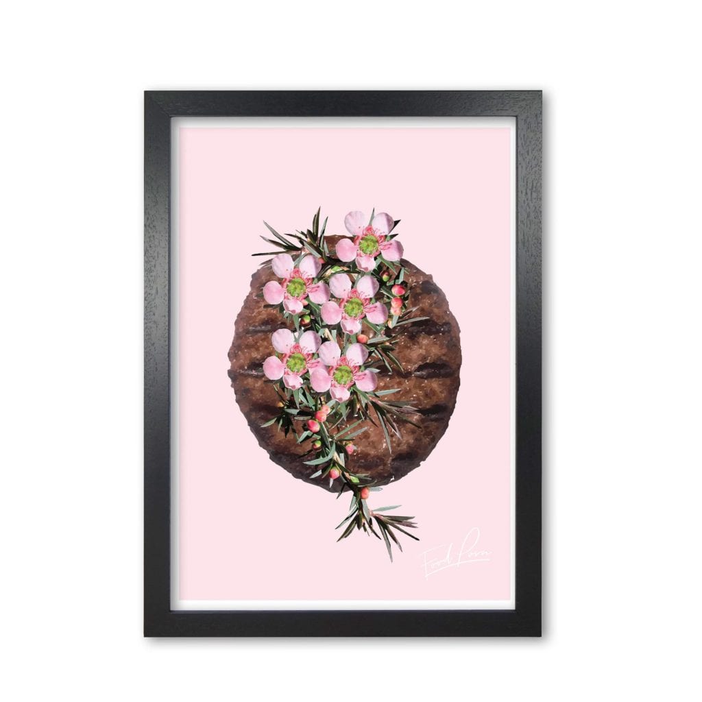 Pink burger floral food porn modern fine art print, framed kitchen wall art