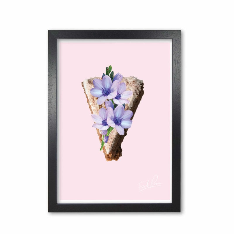 Pink coffee cake floral food porn modern fine art print, framed kitchen wall art