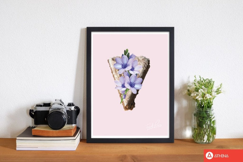Pink coffee cake floral food porn modern fine art print, framed kitchen wall art