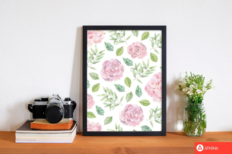 Pink floral repeat pattern modern fine art print, framed botanical &