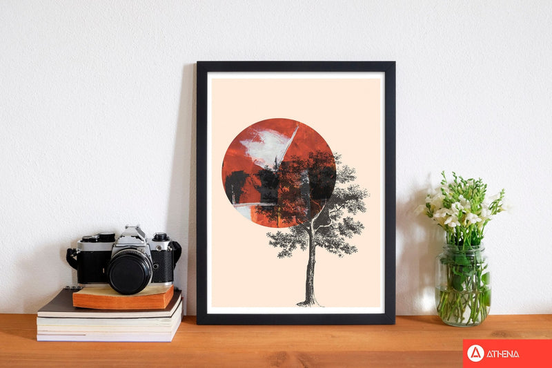 Red sun and tree abstract modern fine art print