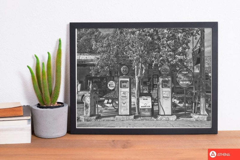 Retro black and white gas pumps modern fine art print