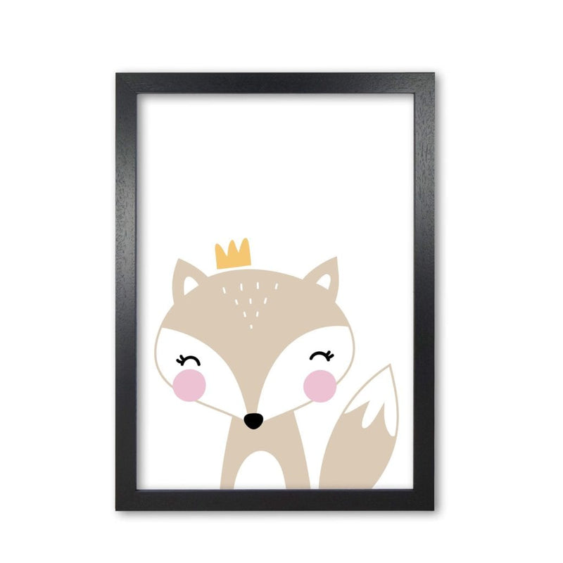 Scandi beige fox with crown modern fine art print, framed childrens nursey wall art poster