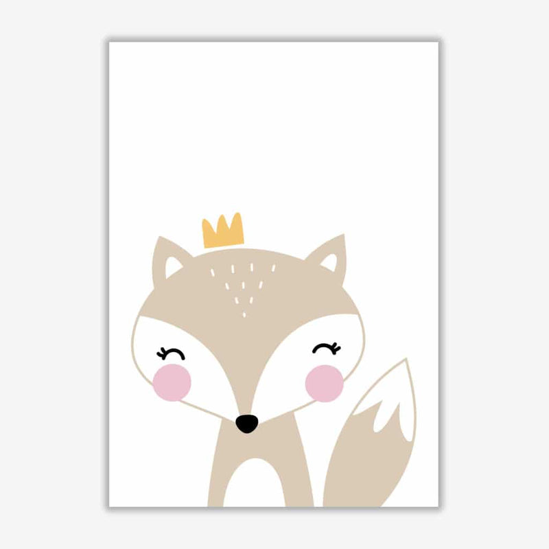 Scandi beige fox with crown modern fine art print, framed childrens nursey wall art poster