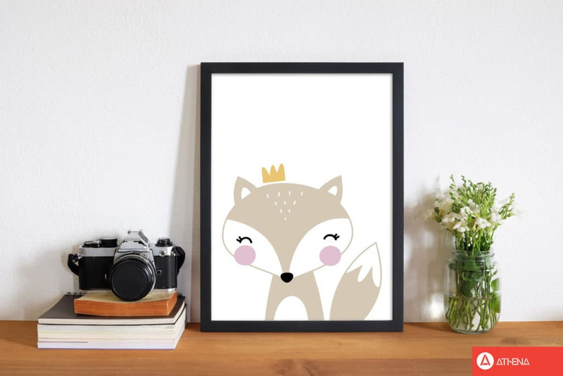 Scandi beige fox with crown modern fine art print, framed childrens nursey wall art poster