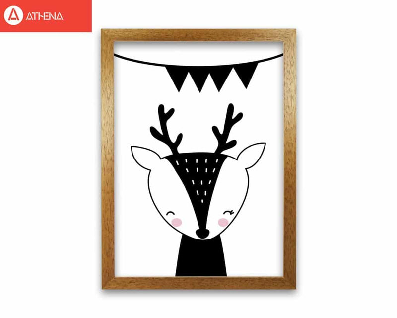 Scandi black deer with banner modern fine art print, framed childrens nursey wall art poster