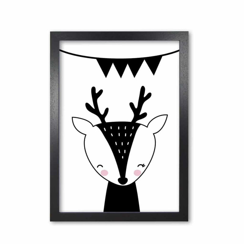 Scandi black deer with banner modern fine art print, framed childrens nursey wall art poster