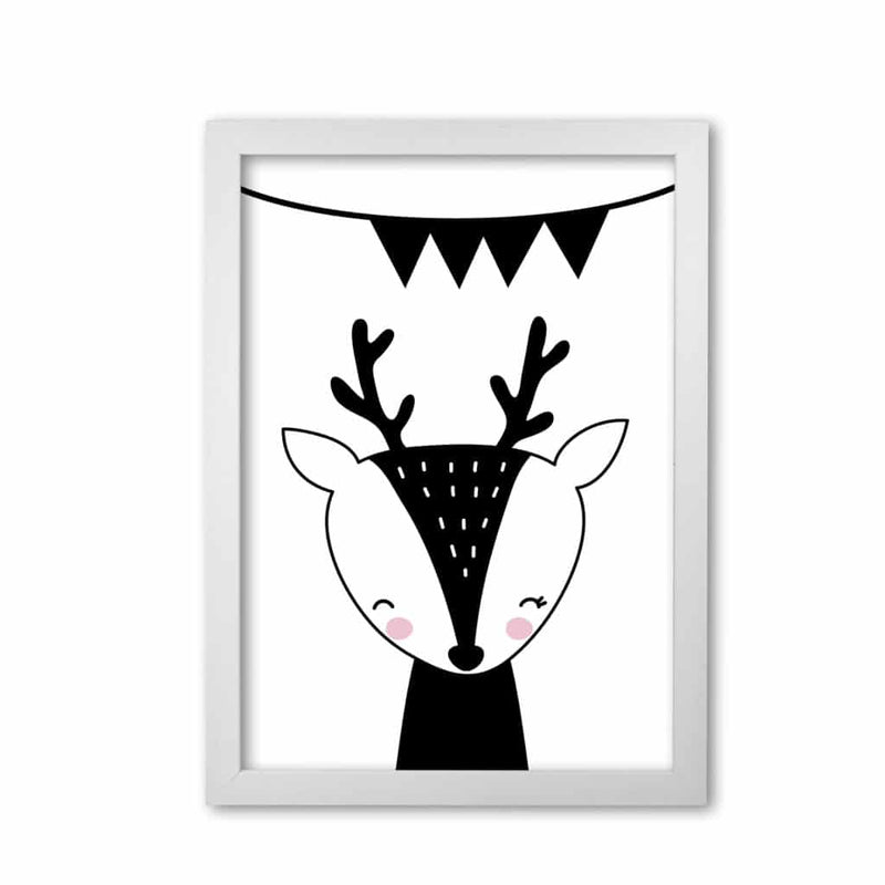 Scandi black deer with banner modern fine art print, framed childrens nursey wall art poster