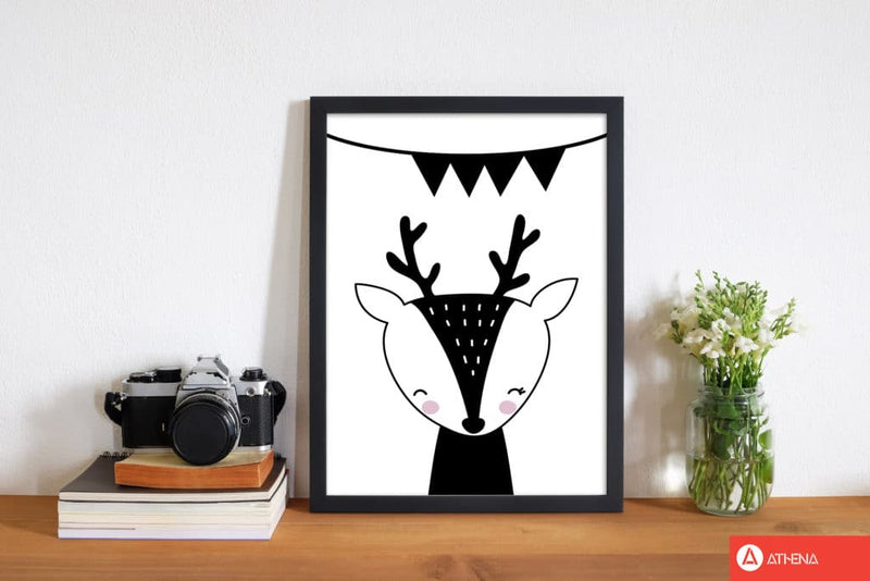 Scandi black deer with banner modern fine art print, framed childrens nursey wall art poster