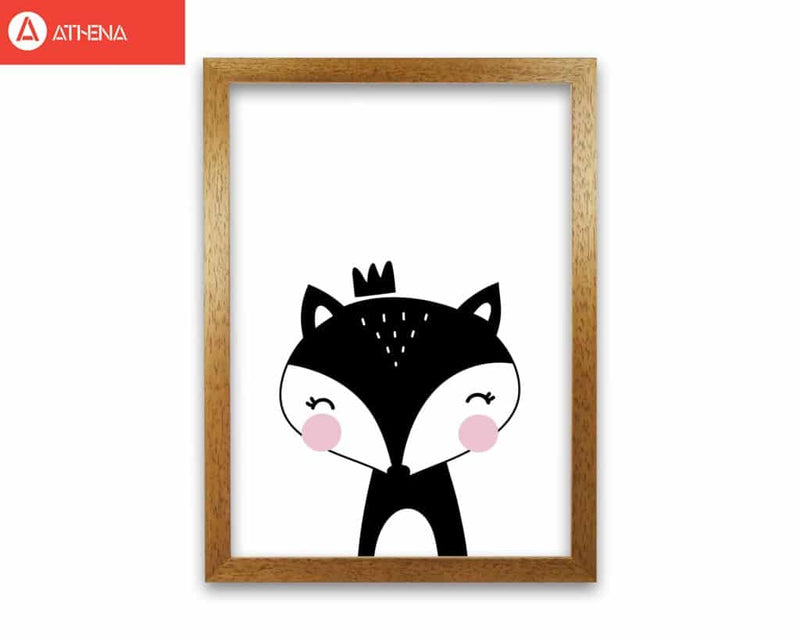 Scandi black fox with crown modern fine art print, framed childrens nursey wall art poster