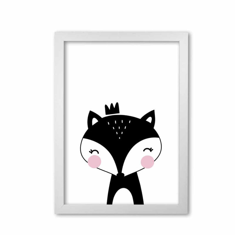 Scandi black fox with crown modern fine art print, framed childrens nursey wall art poster