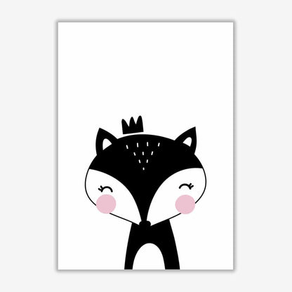 Scandi black fox with crown modern fine art print, framed childrens nursey wall art poster