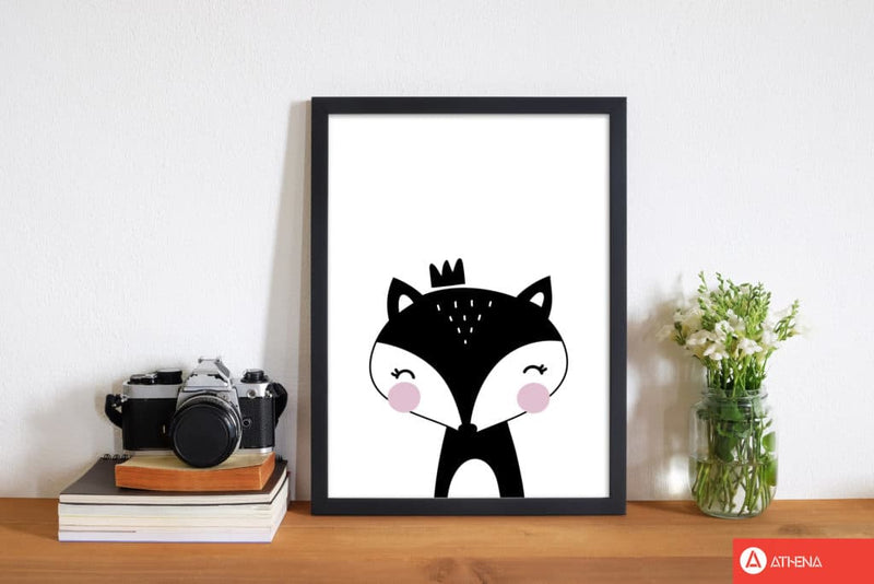 Scandi black fox with crown modern fine art print, framed childrens nursey wall art poster