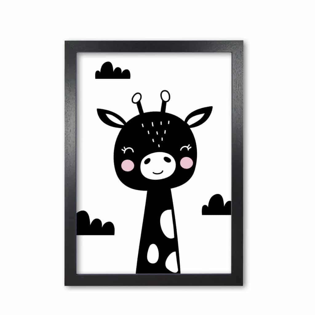 Scandi black giraffe modern fine art print, framed childrens nursey wall art poster