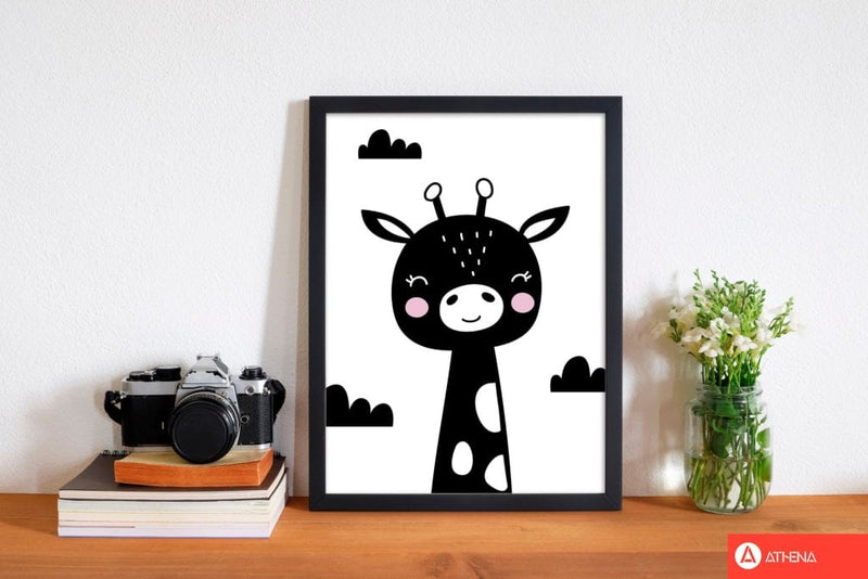 Scandi black giraffe modern fine art print, framed childrens nursey wall art poster