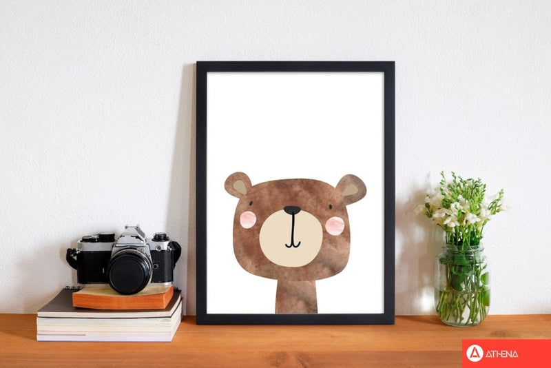 Scandi brown bear watercolour modern fine art print, framed childrens nursey wall art poster
