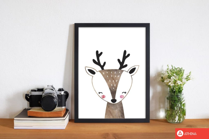 Scandi brown deer watercolour modern fine art print, framed childrens nursey wall art poster