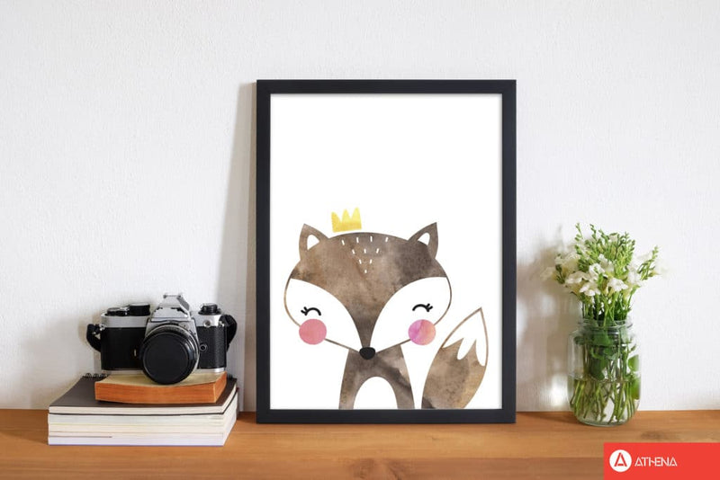 Scandi brown fox watercolour modern fine art print, framed childrens nursey wall art poster