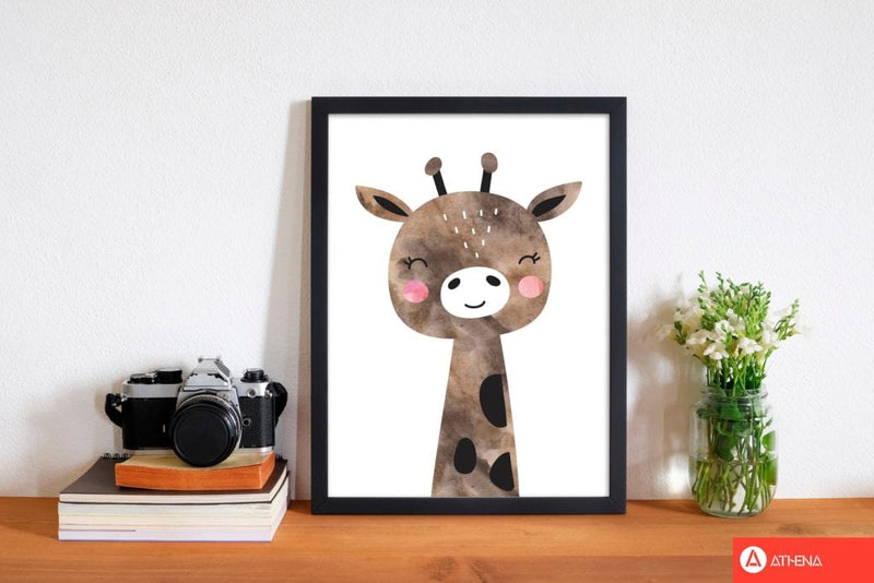 Scandi brown giraffe watercolour modern fine art print, framed childrens nursey wall art poster