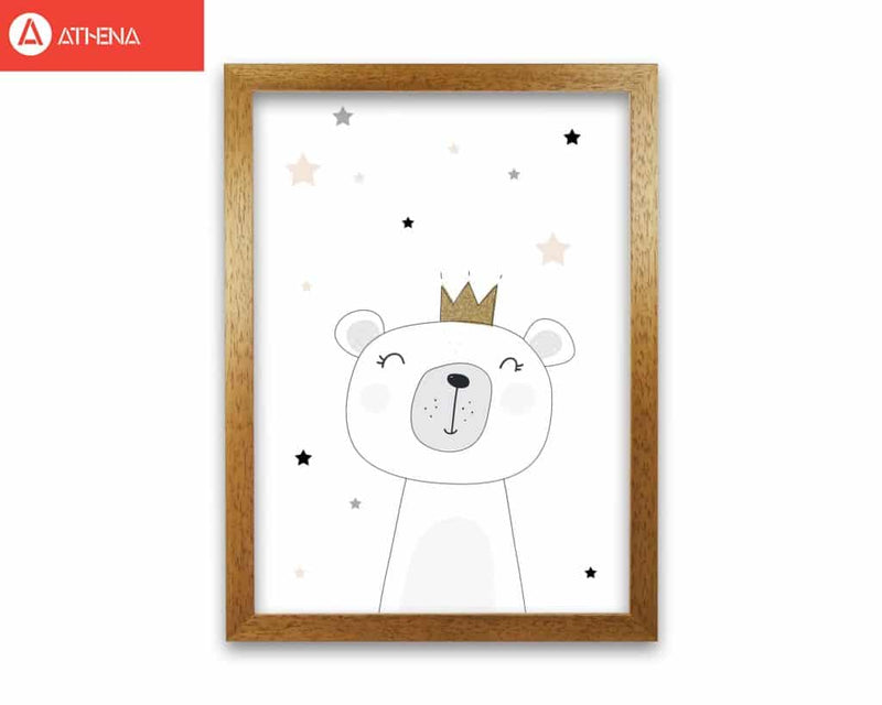 Scandi cute bear with crown and stars modern fine art print, framed childrens nursey wall art poster