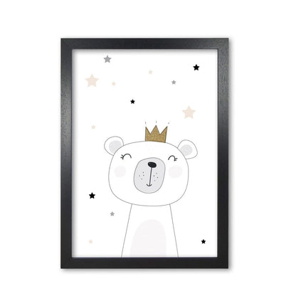 Scandi cute bear with crown and stars modern fine art print, framed childrens nursey wall art poster
