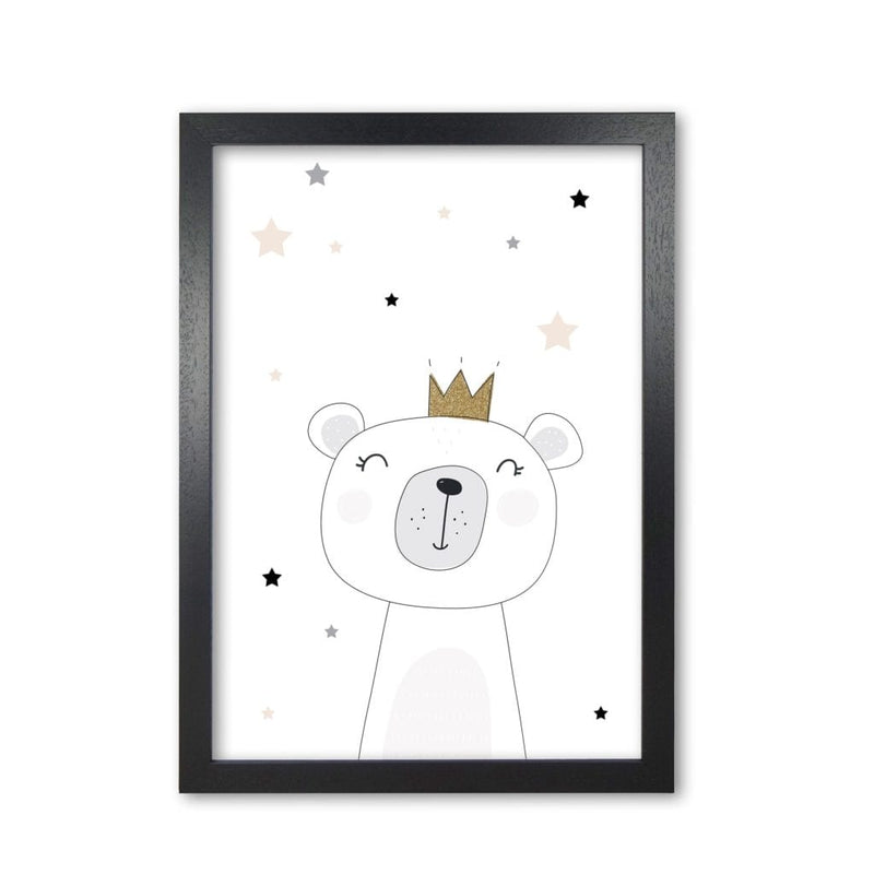 Scandi cute bear with crown and stars modern fine art print, framed childrens nursey wall art poster