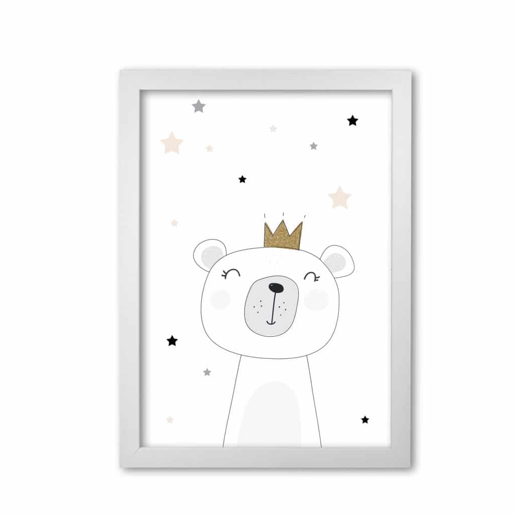 Scandi cute bear with crown and stars modern fine art print, framed childrens nursey wall art poster