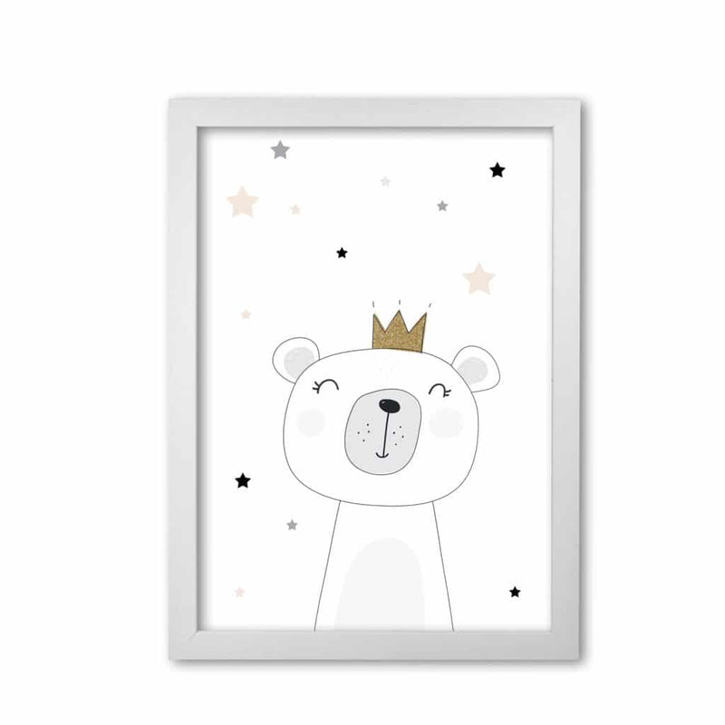 Scandi cute bear with crown and stars modern fine art print, framed childrens nursey wall art poster