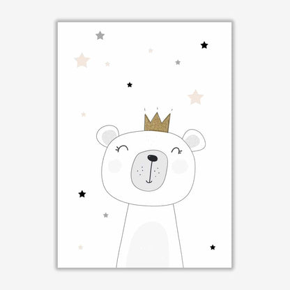 Scandi cute bear with crown and stars modern fine art print, framed childrens nursey wall art poster