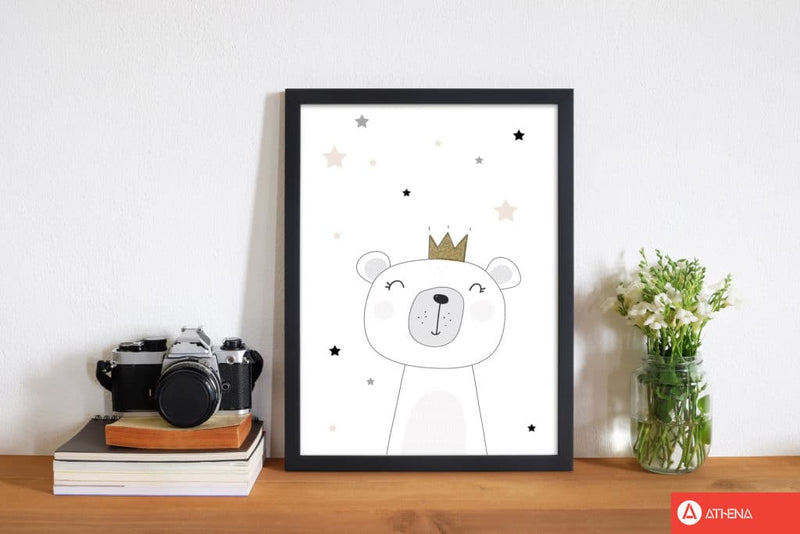 Scandi cute bear with crown and stars modern fine art print, framed childrens nursey wall art poster