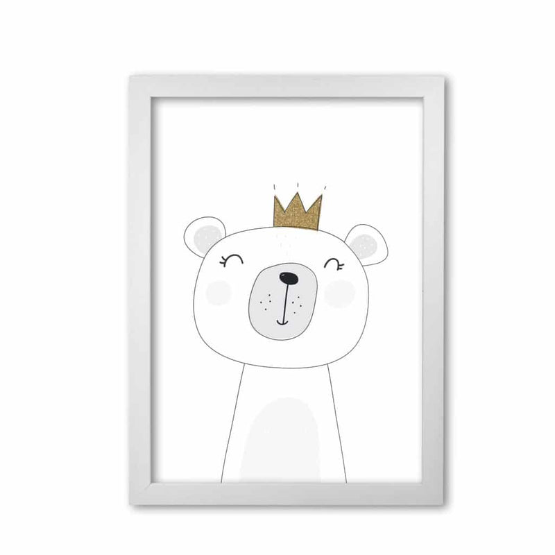 Scandi cute bear with crown modern fine art print, framed childrens nursey wall art poster