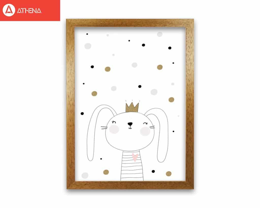 Scandi cute bunny with crown and polka dots modern fine art print, framed childrens nursey wall art poster