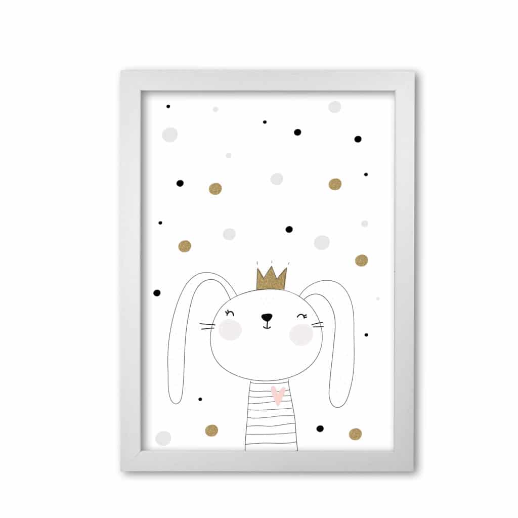 Scandi cute bunny with crown and polka dots modern fine art print, framed childrens nursey wall art poster