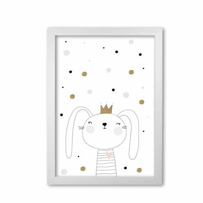 Scandi cute bunny with crown and polka dots modern fine art print, framed childrens nursey wall art poster
