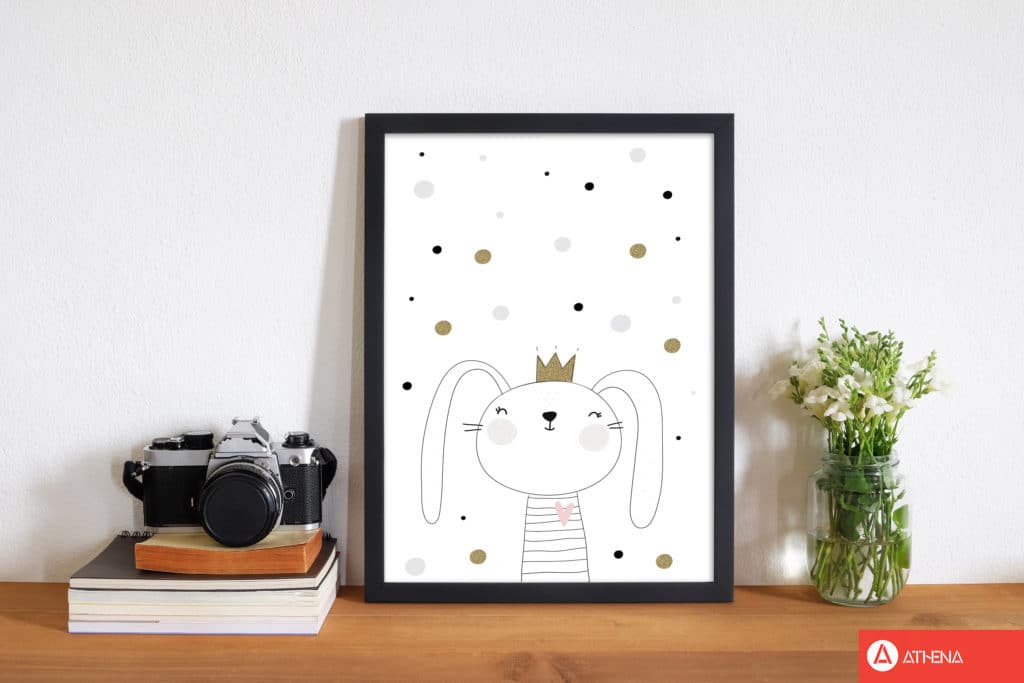 Scandi cute bunny with crown and polka dots modern fine art print, framed childrens nursey wall art poster
