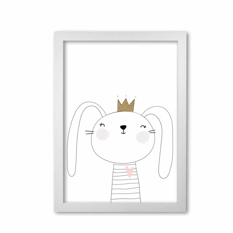 Scandi cute bunny with crown modern fine art print, framed childrens nursey wall art poster