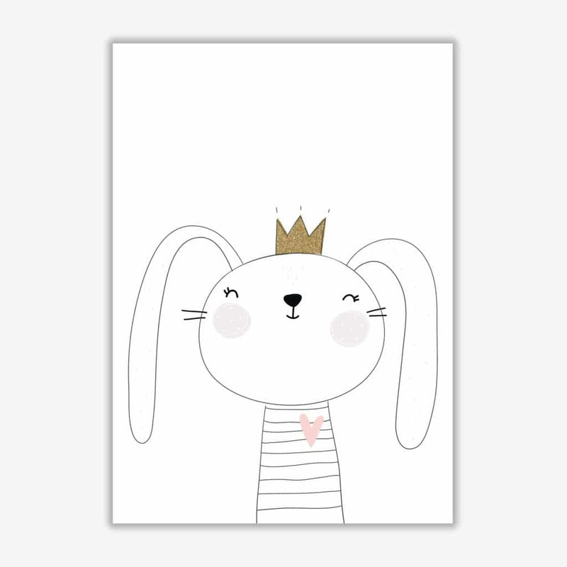 Scandi cute bunny with crown modern fine art print, framed childrens nursey wall art poster
