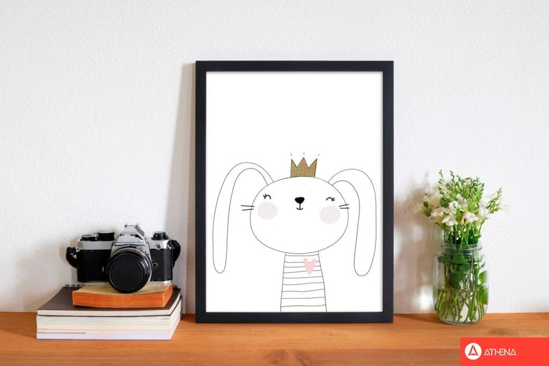 Scandi cute bunny with crown modern fine art print, framed childrens nursey wall art poster
