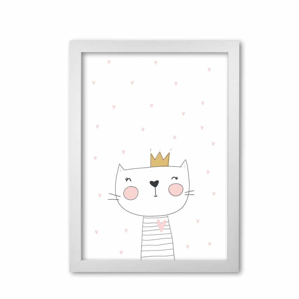 Scandi cute cat with crown and stars modern fine art print, framed childrens nursey wall art poster