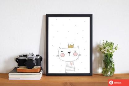 Scandi cute cat with crown and stars modern fine art print, framed childrens nursey wall art poster