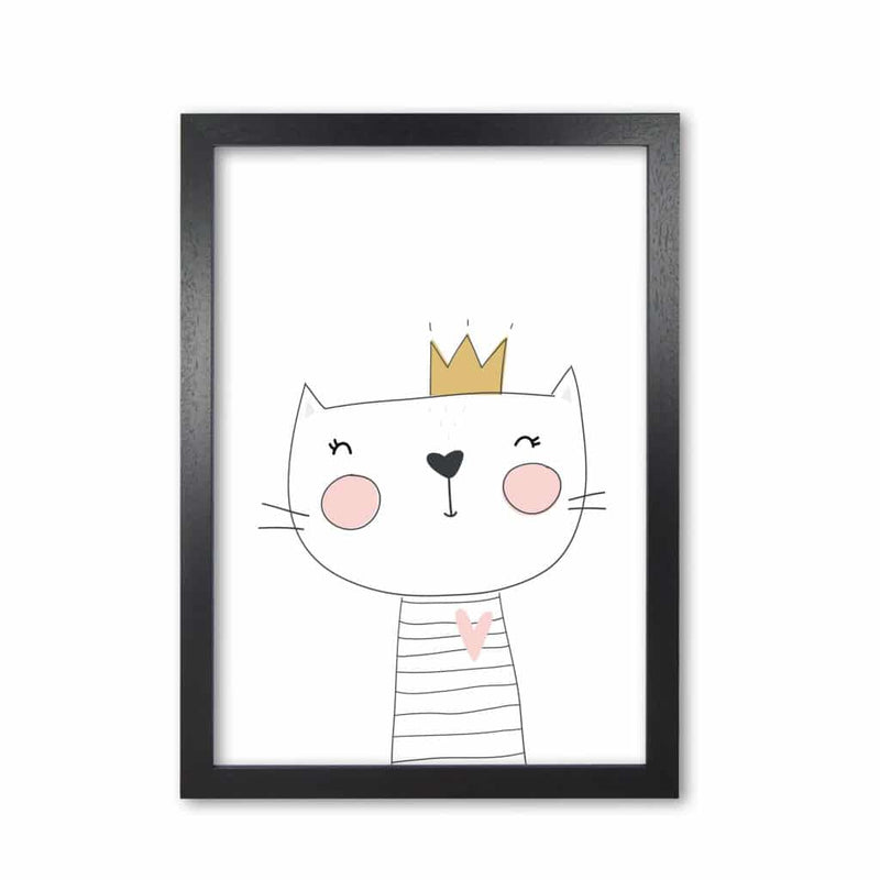 Scandi cute cat with crown modern fine art print, framed childrens nursey wall art poster