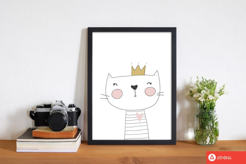 Scandi cute cat with crown modern fine art print, framed childrens nursey wall art poster
