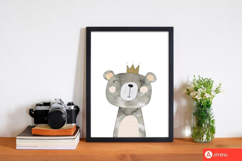 Scandi grey bear watercolour modern fine art print, framed childrens nursey wall art poster