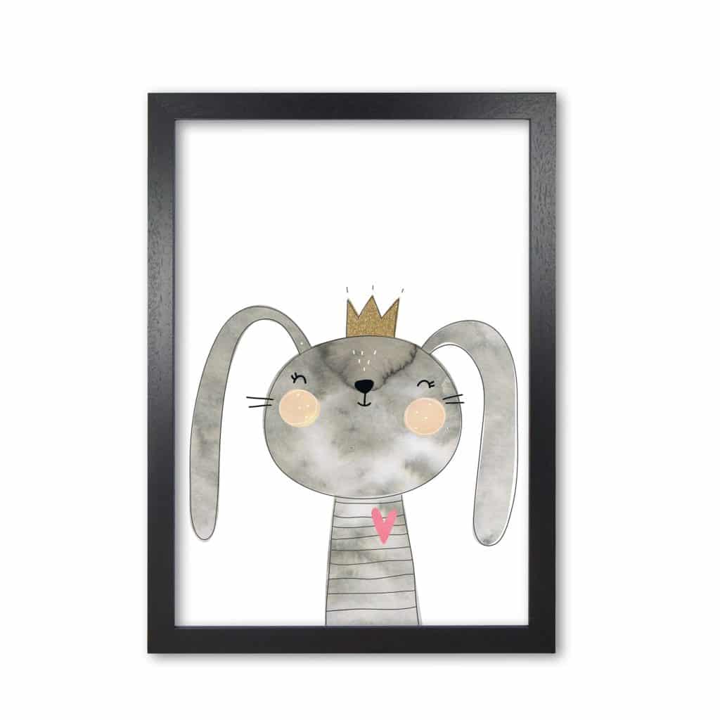 Scandi grey bunny watercolour modern fine art print, framed childrens nursey wall art poster