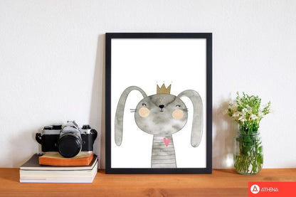 Scandi grey bunny watercolour modern fine art print, framed childrens nursey wall art poster
