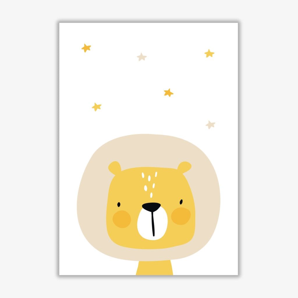 Scandi lion and stars modern fine art print, framed childrens nursey wall art poster