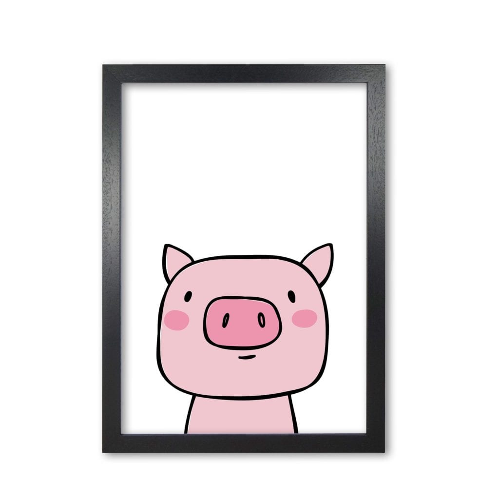 Scandi pink pig modern fine art print, framed childrens nursey wall art poster