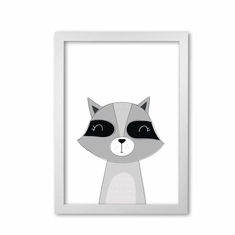 Scandi raccoon modern fine art print, framed childrens nursey wall art poster